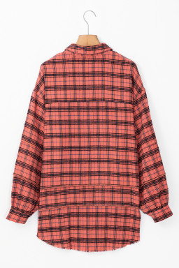 Red Plaid Long Sleeve Distressed Hem Shirt Shacket