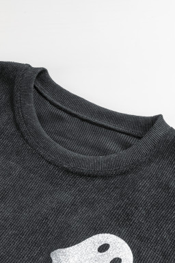 Black Halloween Ghost Transfer Vinyl Process Corded Crew Neck Loose Sweatshirt