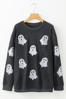 Black Halloween Ghost Transfer Vinyl Process Corded Crew Neck Loose Sweatshirt