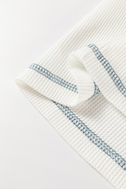 White Waffle Floral Patchwork Raglan Sleeve Exposed Seam Top