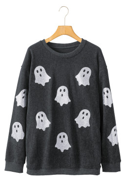 Black Halloween Ghost Transfer Vinyl Process Corded Crew Neck Loose Sweatshirt