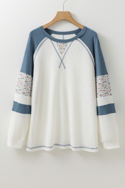 White Waffle Floral Patchwork Raglan Sleeve Exposed Seam Top