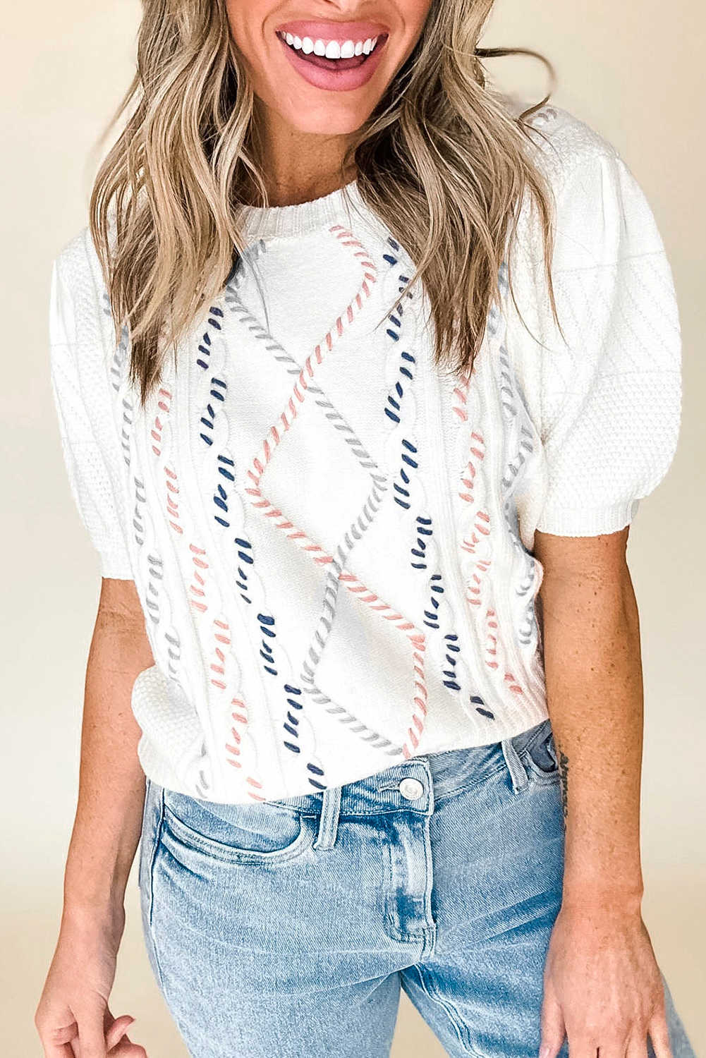White Argyle Puff Sleeve Knit Top