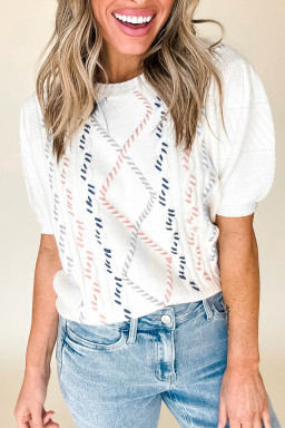 White Argyle Puff Sleeve Knit Top
