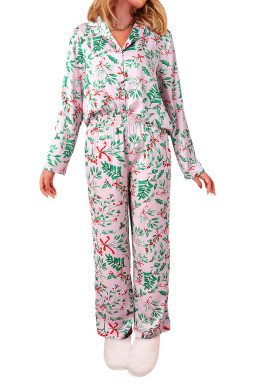 Pink Christmas Print Plush Edge Collar Shirt Pants Pajama Set