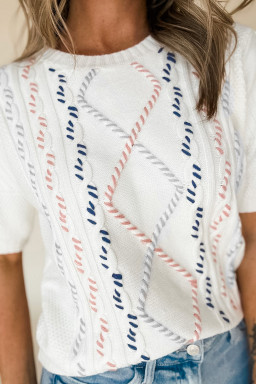 White Argyle Puff Sleeve Knit Top