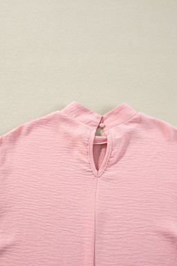 Gossamer Pink Swiss Dot Balloon Sleeve Patchwork Crinkle Blouse