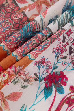 Red Boho Abstract Patchwork Bubble Sleeve Blouse