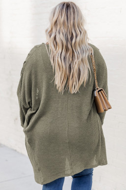 Seagrass Waffle Knit Drop Shoulder Open Front Pocket Plus Size Cardigan