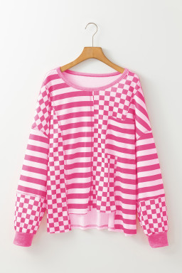 Rose Red Checkered Striped Patchwork Lantern Sleeve Top