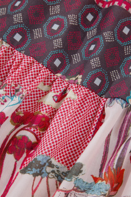 Red Boho Abstract Patchwork Bubble Sleeve Blouse