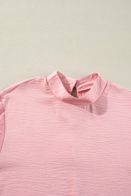 Gossamer Pink Swiss Dot Balloon Sleeve Patchwork Crinkle Blouse