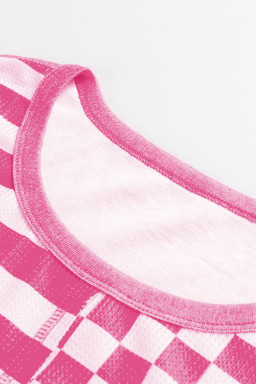 Rose Red Checkered Striped Patchwork Lantern Sleeve Top