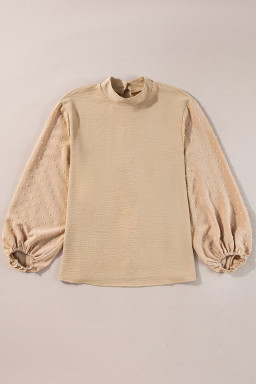 Parchment Swiss Dot Balloon Sleeve Patchwork Crinkle Blouse