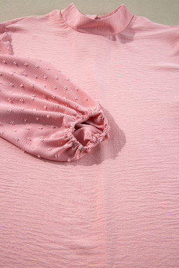Gossamer Pink Swiss Dot Balloon Sleeve Patchwork Crinkle Blouse