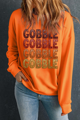 Orange Thanksgiving GOBBLE Heat Transfer Printing Graphic Round Neck Pullover Sweatshirt