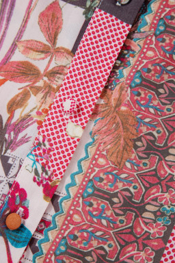 Red Boho Abstract Patchwork Bubble Sleeve Blouse