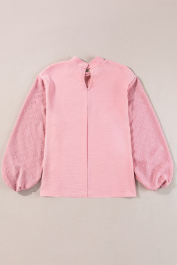 Gossamer Pink Swiss Dot Balloon Sleeve Patchwork Crinkle Blouse