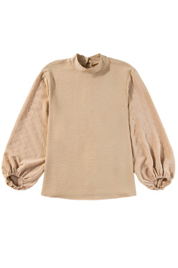 Parchment Swiss Dot Balloon Sleeve Patchwork Crinkle Blouse