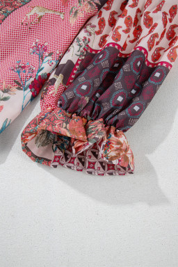 Red Boho Abstract Patchwork Bubble Sleeve Blouse