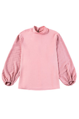 Gossamer Pink Swiss Dot Balloon Sleeve Patchwork Crinkle Blouse