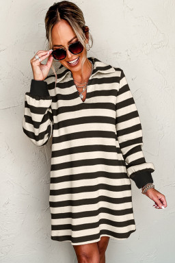 Black Stripe Pocket Collared V Neck Loose Fit Mini Dress