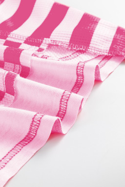 Rose Red Checkered Striped Patchwork Lantern Sleeve Top