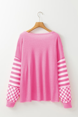 Rose Red Checkered Striped Patchwork Lantern Sleeve Top