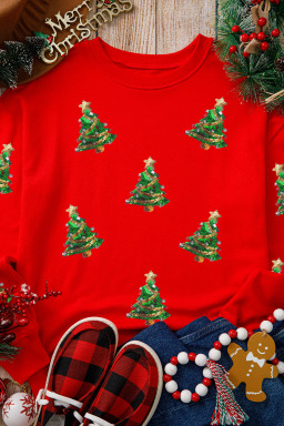 Red Sequin Christmas Tree Graphic Patch Application Drop Shoulder Sweatshirt