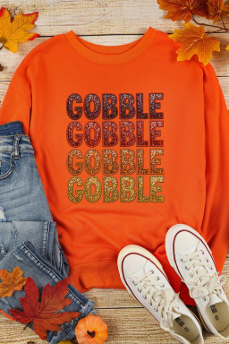 Orange Thanksgiving GOBBLE Heat Transfer Printing Graphic Round Neck Pullover Sweatshirt