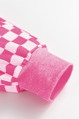 Rose Red Checkered Striped Patchwork Lantern Sleeve Top