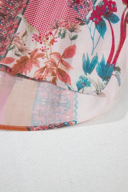 Red Boho Abstract Patchwork Bubble Sleeve Blouse