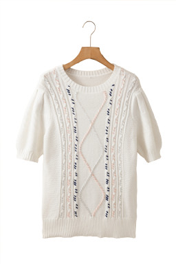 White Argyle Puff Sleeve Knit Top