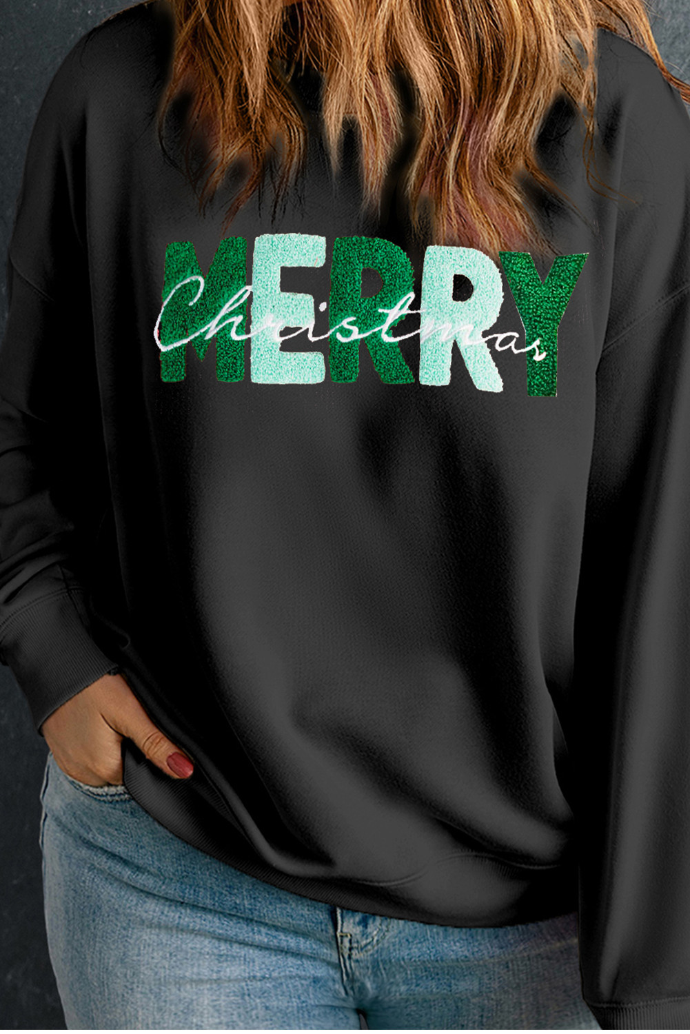 Black MERRY Christmas Pattern Drop Shoulder Plus Size Sweatshirt