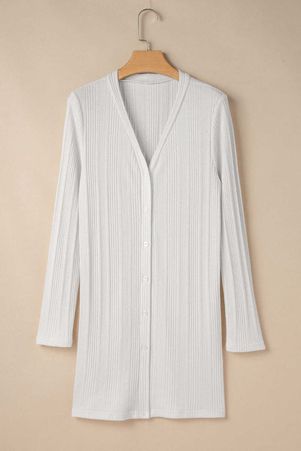 White Ribbed Plain Knit Cardigan
