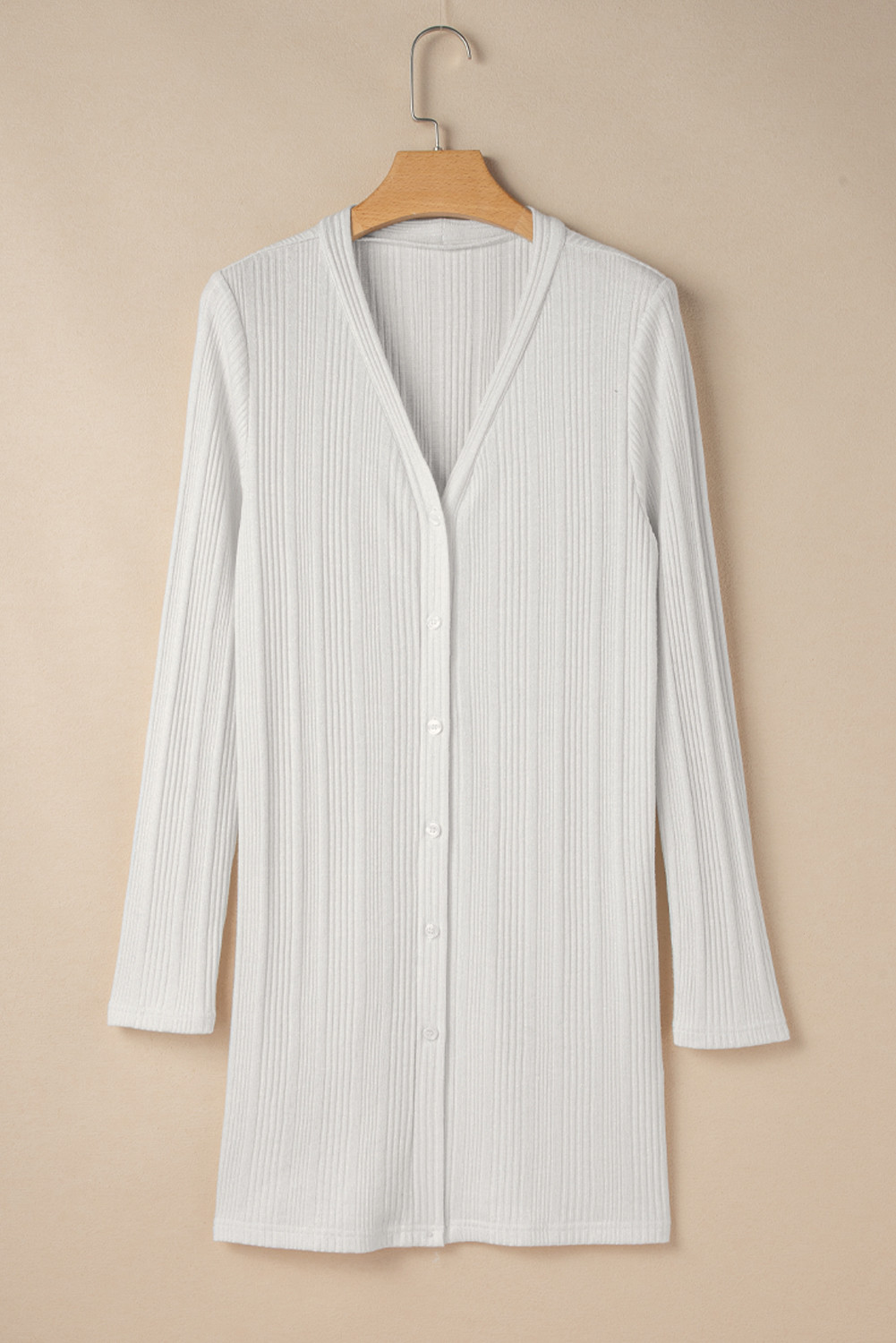 White Ribbed Plain Knit Cardigan