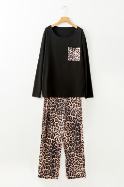 Black Leopard Patched Pocket Long Sleeve Top Plus Size Pajama Set