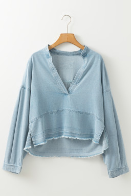 Beau Blue Light Wash Puff Sleeve V Neck Denim Blouse