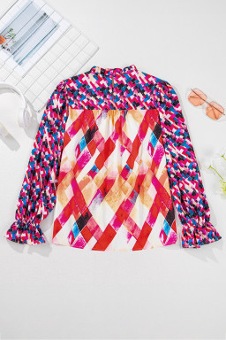 Rose Red Abstract Geometric Patchwork Puff Sleeve Blouse