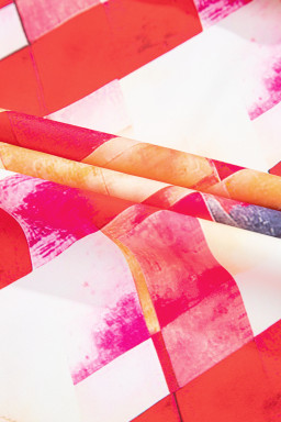 Rose Red Abstract Geometric Patchwork Puff Sleeve Blouse