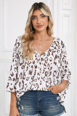 Khaki Leopard Print V Neck 3/4 Sleeve Blouse