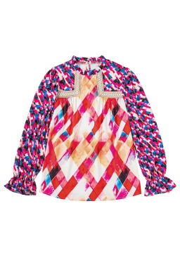 Rose Red Abstract Geometric Patchwork Puff Sleeve Blouse