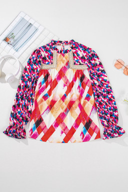 Rose Red Abstract Geometric Patchwork Puff Sleeve Blouse