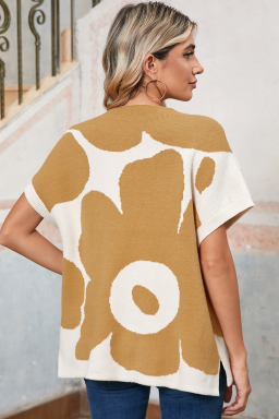 Camel Flower Print Mock Neck Knit Top