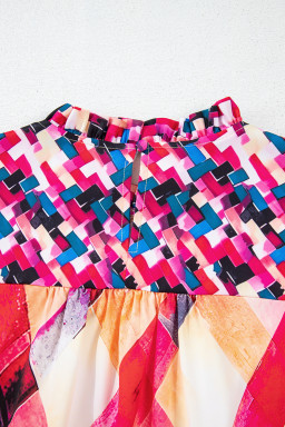 Rose Red Abstract Geometric Patchwork Puff Sleeve Blouse