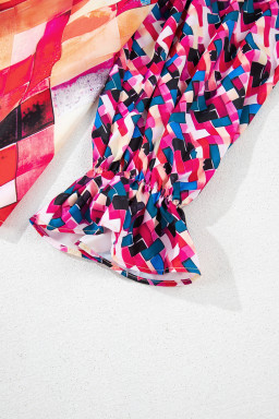 Rose Red Abstract Geometric Patchwork Puff Sleeve Blouse