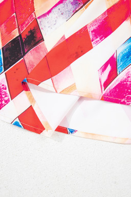 Rose Red Abstract Geometric Patchwork Puff Sleeve Blouse