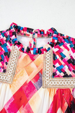 Rose Red Abstract Geometric Patchwork Puff Sleeve Blouse