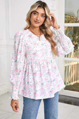 Pink Floral Print Shirred Cuffs Keyhole Back Babydoll Blouse