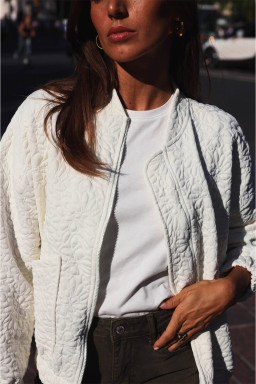 White Floral Embossed Plain Zip-up Jacket